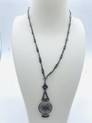 Vintage Marcasite Sterling Silver 925  14” Long Necklace With A Pendant AB1 - Image 1 of 4
