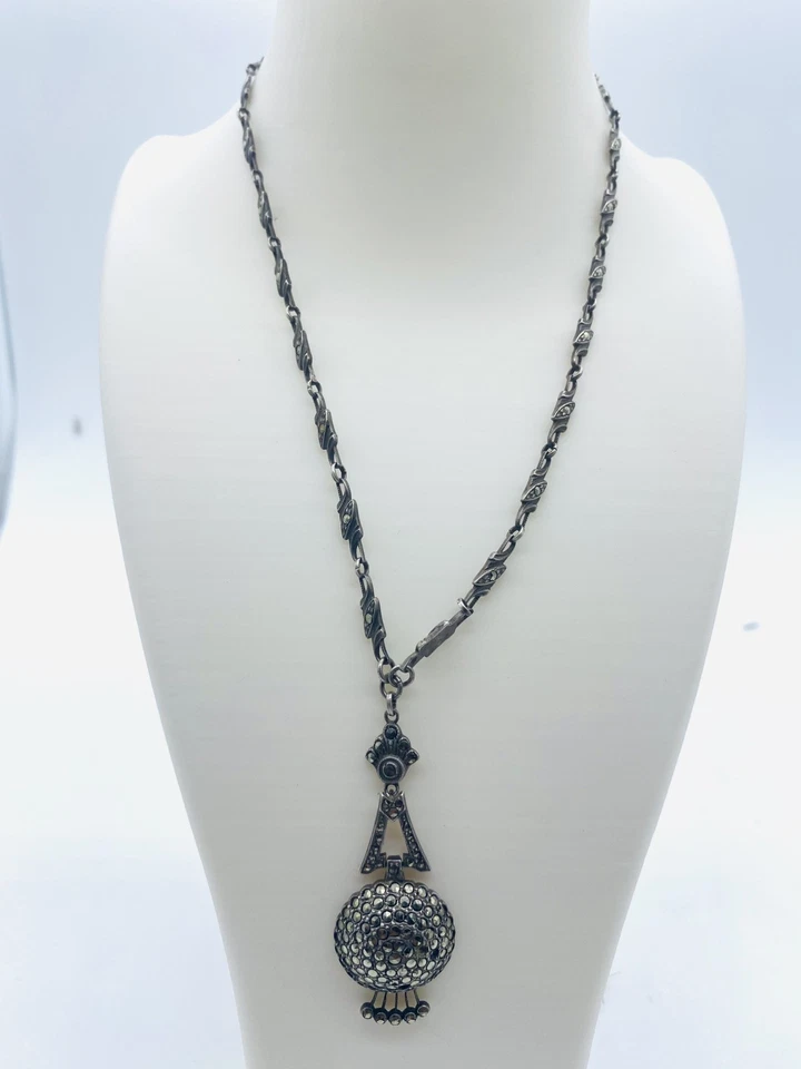 Vintage Marcasite Sterling Silver 925  14” Long Necklace With A Pendant AB1 - Image 1 of 4