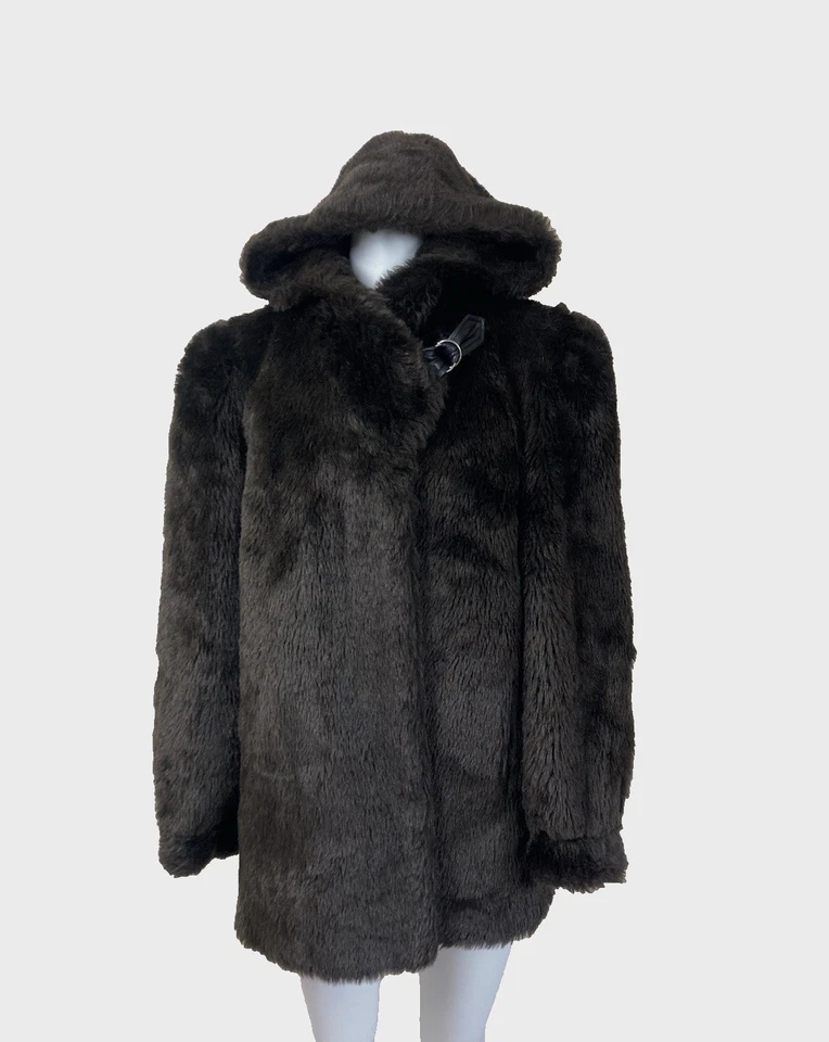 Vintage Faux Fur Coat Jacket Brown Hooded UK14-16 Evening Party Wear Winter - Image 1 of 4