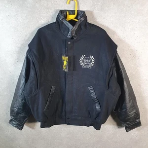 Vintage Amanati 90s Varsity Letterman Wool Leather Bomber Jacket Men Large Black - Picture 1 of 8