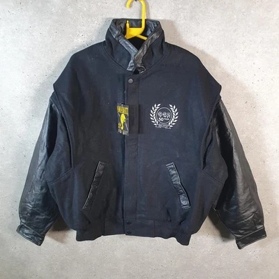 Vintage Amanati 90s Varsity Letterman Wool Leather Bomber Jacket Men Large Black - Image 1 of 4