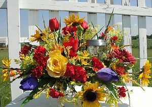 Cemetery Flowers w/ Solar Light Summer Tombstone Saddle Memorial Spray Sympathy - Picture 1 of 1