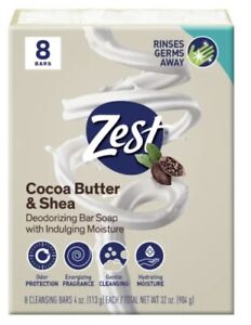 Zest Cocoa Butter & Shea Deodorizing Bar Soap Moisture, 8 Bars, 4 oz each