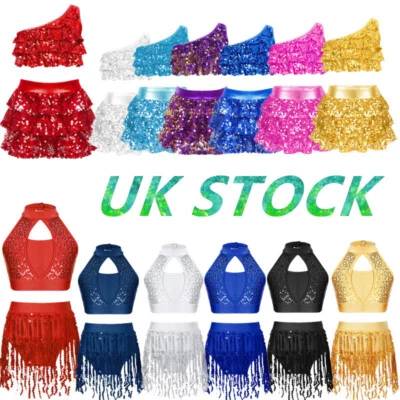 UK Kids Girls Sequins Jazz Dancewear Set Halloween Cheerleading Dance Costume  - Image 1 of 4