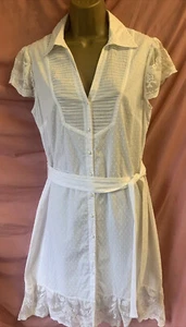 Warehouse White Cotton Dobby Embroidered Belted Size 12 Shirt Button Y2K Dress - Picture 1 of 12