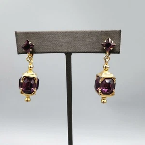 Unsigned Designer 4 Sided Purple  Octagon Rhinestone Lantern Dangle  Earrings - Picture 1 of 9