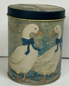 Tin Container Winter Snow 2 Geese with Blue Bows EMPTY - Picture 1 of 11