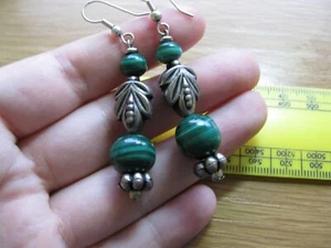 Vintage, Boho, Silver-Tone, Malachite Beaded, Leaf, Dangle Earrings - Picture 1 of 4