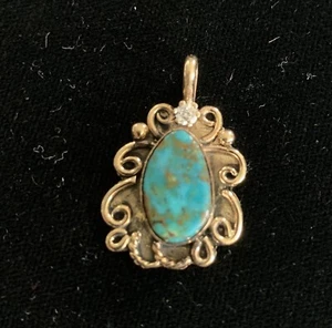 Acoma Artist J V 14 K Turquoise And Diamond Pendant - Picture 1 of 4