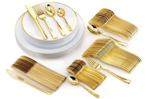 120 Piece White And Gold Rimmed Elegant Premium Quality China Like Disposable... - Picture 1 of 6
