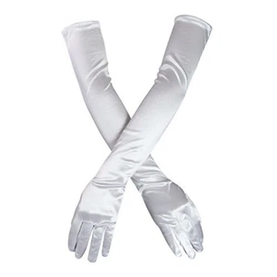  Women's Evening Party Mittens 21" Long Black/Satin Finger Gloves White - Image 1 of 4