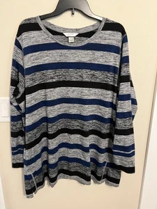 CJ Banks Top Womens Size 2X Gray Striped Cotton Long Sleeved, Round Neck Shirt - Picture 1 of 5