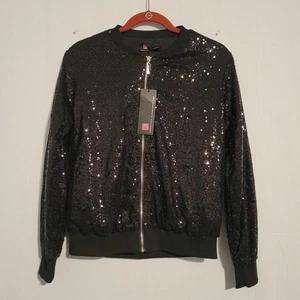 Kancy Kole all-over sequin full zip bomber jacket women's size S black, New - Picture 1 of 7