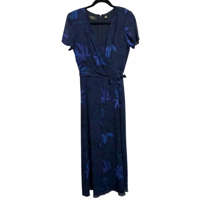 Dana Buchman Navy Blue Wrap Floral Print Silk Maxi Midi Dress Women's Sz 6 - Image 1 of 4