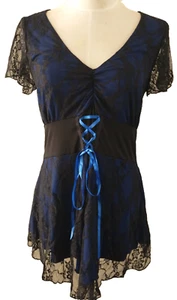 Women's Blue and Black Lace Gothic Top Size M Short Cap Sleeve Sweetheart Shirt - Picture 1 of 12