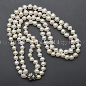 "Collar de perlas cultivadas de agua dulce blanco natural real de 7-8 mm de 2 hebras 17-18""" - Imagen 1 de 6