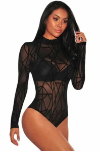 Tuta donna nera in pizzo maglia trasparente manica lunga top camicia body collo a tartaruga  - Foto 1 di 5