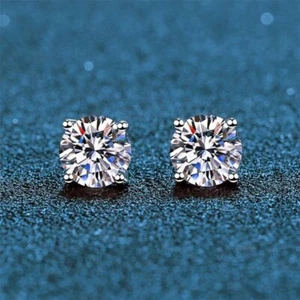 MEN 2Ct Brilliant Cut Moissanite Stud Earrings 14k White Gold Plated in Silver - Picture 1 of 3