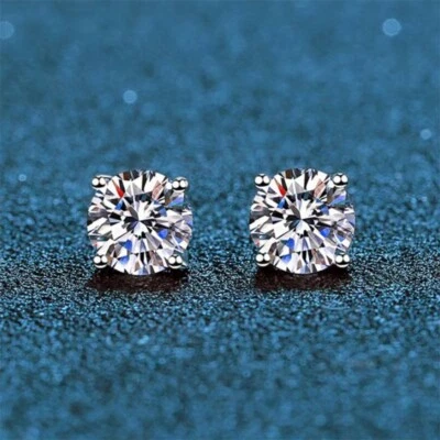 MEN 2Ct Brilliant Cut Moissanite Stud Earrings 14k White Gold Plated in Silver - Image 1 of 3