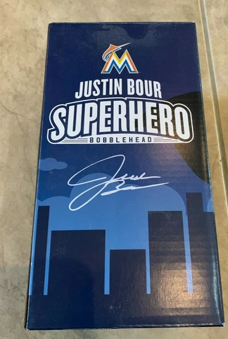 Justin Bour Super Hero Miami Florida Marlins Bobble Head NEW in original box Cover