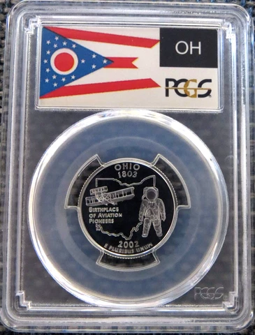 2002-S 25c Ohio SILVER State Flag Quarter Proof Coin PCGS PR70DCAM Cover