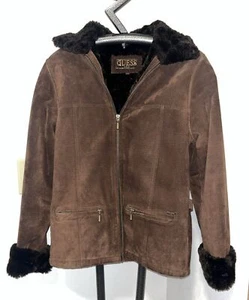 Guess Brown Suede Leather with Faux Fur Lining Full Zip Jacket - Picture 1 of 7