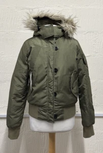Hollister Jacket Womens Small Khaki Green Fur Hoodie Feather Down Fill Winter - Picture 1 of 11
