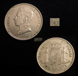 SPAIN, 239-ALFONSO XIII, 1 PESETA 1904*19-04, "ZERO CUTTED", SILVER, XF, SCARCE. - Picture 1 of 1