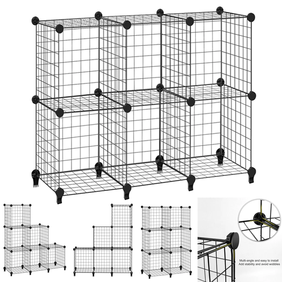 6 Cubes Interlocking Storage Unit With Metal Wire Mesh Black Multifunctional New - Image 1 of 4