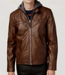 $250 Guess Mens Brown Faux-Leather Hooded Full-Zip Motorcycle Coat Jacket Small - Picture 1 of 5