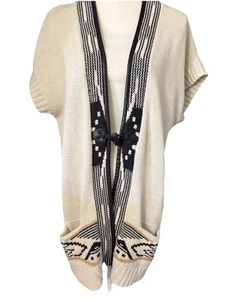 Fylo Sweater Vest Sz L Ivory W/Black & Gold Aztec Trim Toggle Button Accent - Picture 1 of 13