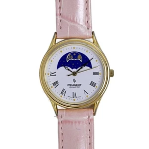 Reloj Peugeot Damas Cuarzo Fase Lunar Años 90 Blanco Esfera Romana Cuero Rosa Dorado - Imagen 1 de 10
