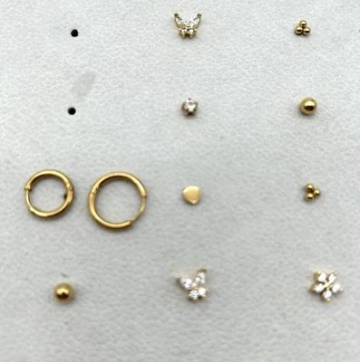 9 tachuelas para nariz en tono dorado con 2 anillos para nariz estrás traseros planos + Foto 1 de 4