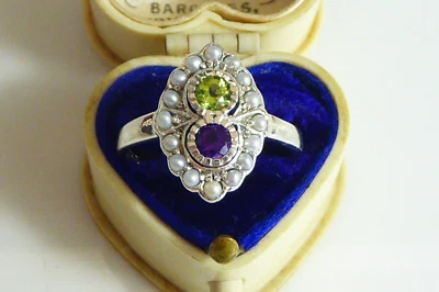 Fine Silver Suffragette style Real Peridot, Amethyst & Pearl Ring — 第 1/4 张图片