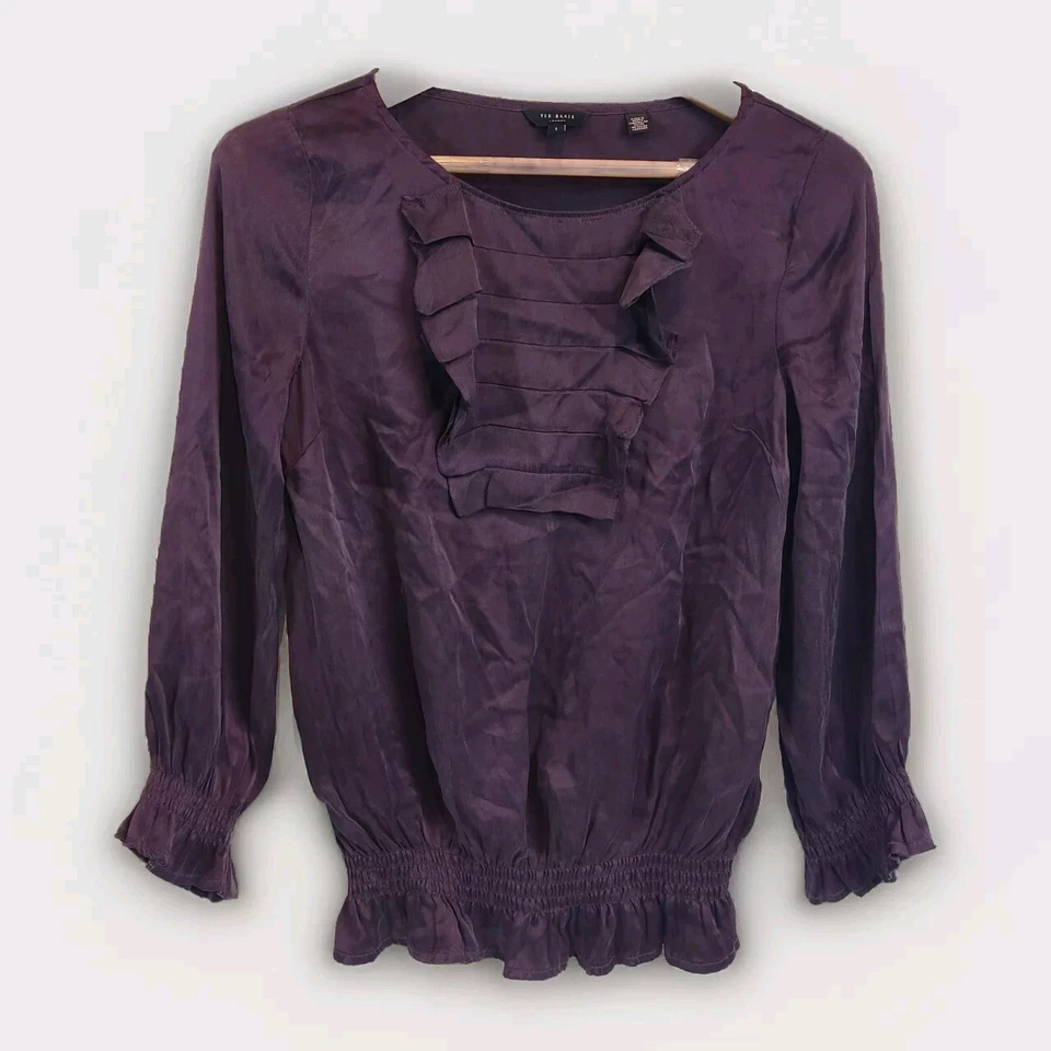 Ted Baker Womens Silk Blouse UK 8 Deep Purple Ruffle Detail Size 1 Top - Image 1 of 4