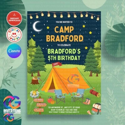 EDITABLE Camp Birthday School Invite, Friends, Family Picnic Camp Tour Template - Image 1 of 4