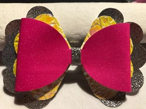 CAYLEE FLOWER HAIR BOW, SILVER, HOLOGRAPHIC YELLOW, AND PINK, 5" X 3.5" HOMEMADE - Picture 1 of 3