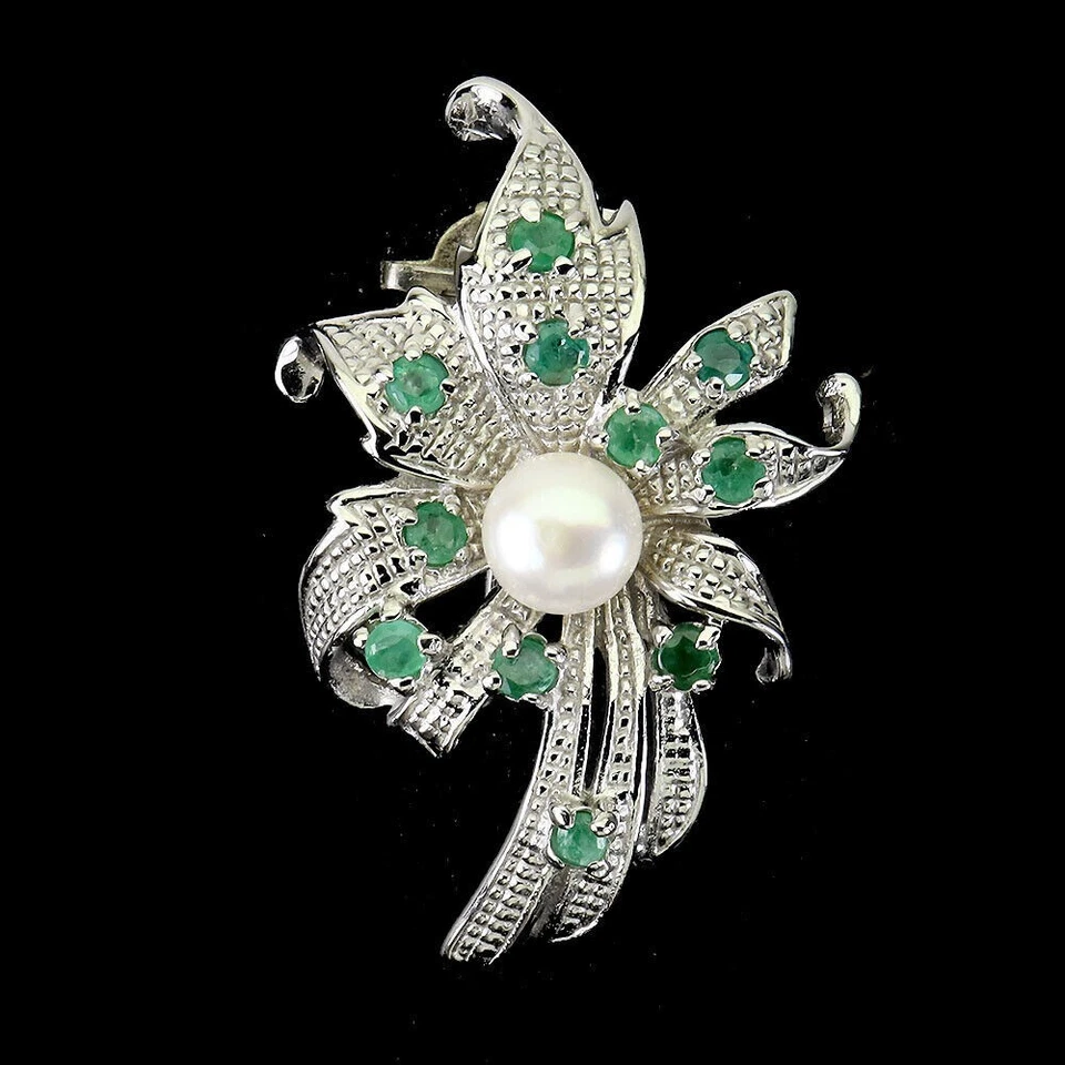 Round Cut Simulated Emerald Pearl Gorgeous Brooch 2.5Inc 14K White Gold Plated - Изображение 1 из 3