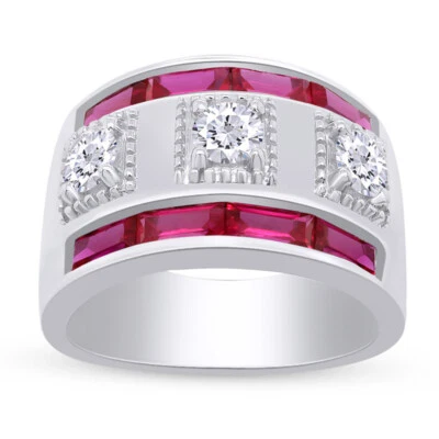 Alianza de boda para hombre anillo rubí simulado y diamante simulado plata de ley maciza Foto 1 de 4