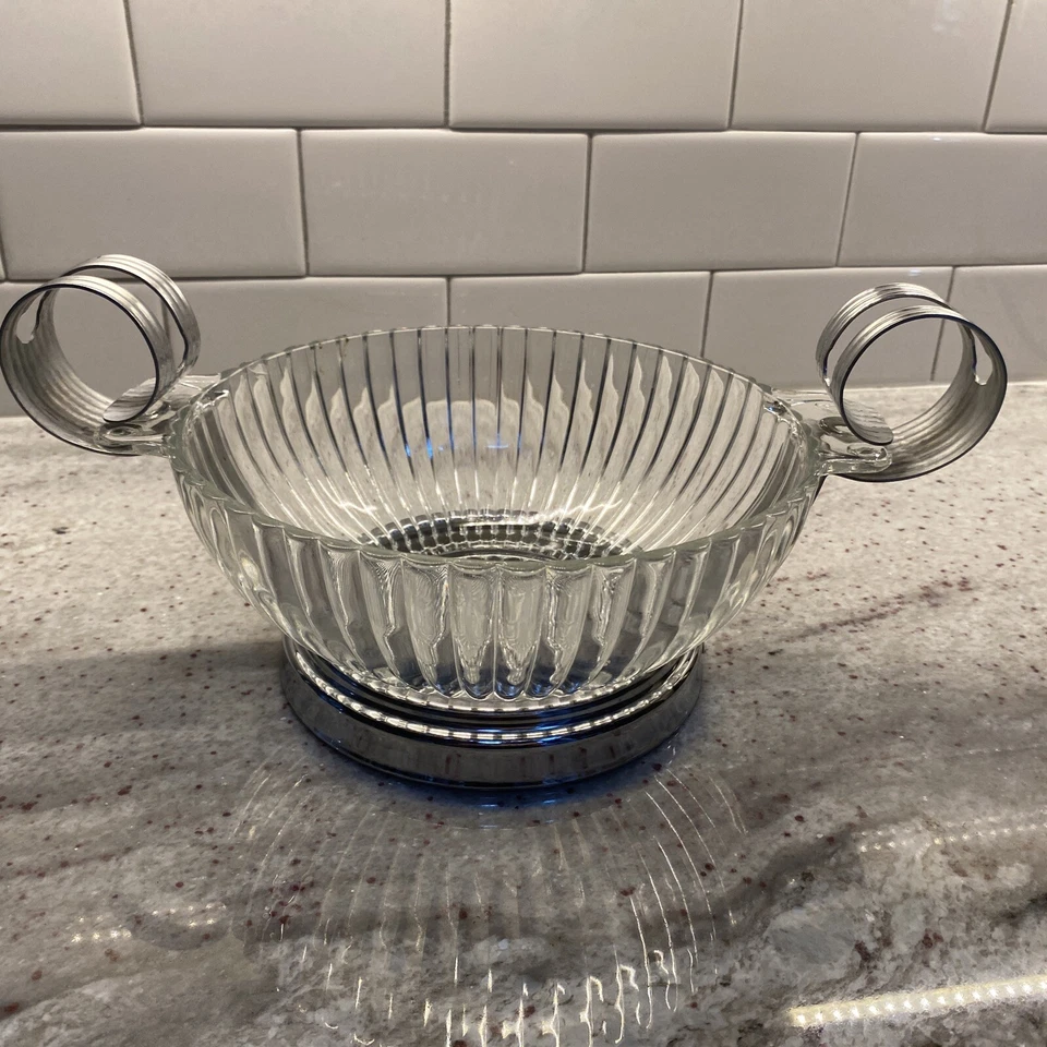 Art Deco Large Chrome And Glass Serving Bowl 12” Across - Image 1 of 4