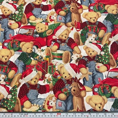 Daisy Kingdom Blue Jean Teddy Christmas Springs Cotton Fabric by the Half Yard - Image 1 of 2