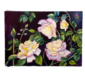 Quadro acquerello floreale Joan Haynes vintage di rose gialle e rosa su tela - Foto 1 di 7