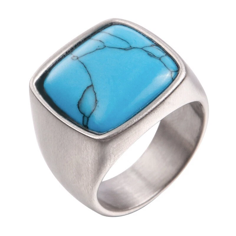 Anillo de boda vintage azul turquesa para hombre acero inoxidable macizo plata talla 6-15 Foto 1 de 1