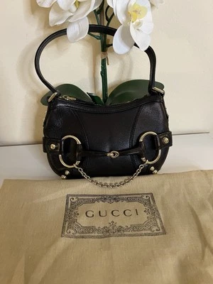Gucci Horsebit Black Leather Mini Gold Chain Handbag 8" x 5" EUC - Image 1 of 4