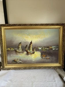 Grande dipinto nautico olio su tela con cornice dorata decorato vintage di Edmond - Foto 1 di 7