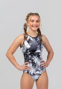 Leotardo Sylvia P Balmy blanco y negro estampado de palma de una pieza con tiras en la espalda niñas 12 - Imagen 1 de 6