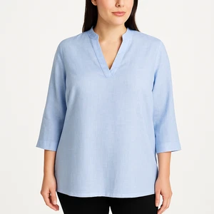 Tahari Light Blue V Neck 3/4 Sleeve Tunic Blouse Womens Linen US XL - Picture 1 of 7