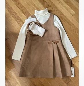 Rachel zoe Girls Dress Set Faux Suede Tan Jumper With Cream Turtleneck 7 - Picture 1 of 1