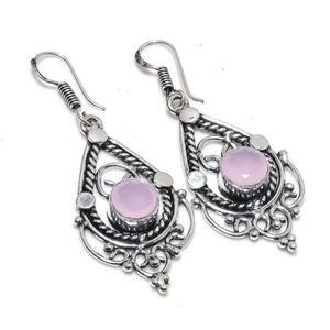 Pink Rose Quartz Gemstone Handmade 925 Starling Silver Jewelry Earring Size 2" - Picture 1 of 1
