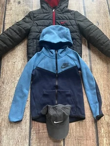 NIKE PUFFER JACKET TECH HOODIE HAT LOT OF 3 PIECES BLACK BLUE GRAY BOYS 6 EUC - Picture 1 of 15